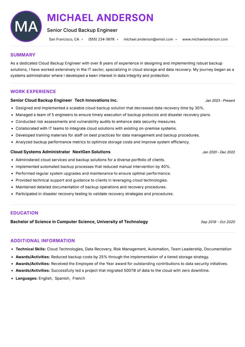 Cloud Backup Engineer resume example