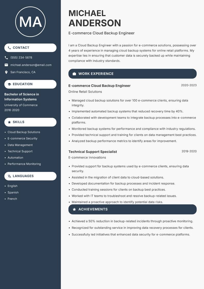 Cloud Backup Engineer resume sample — E-commerce Cloud Backup Engineer focus