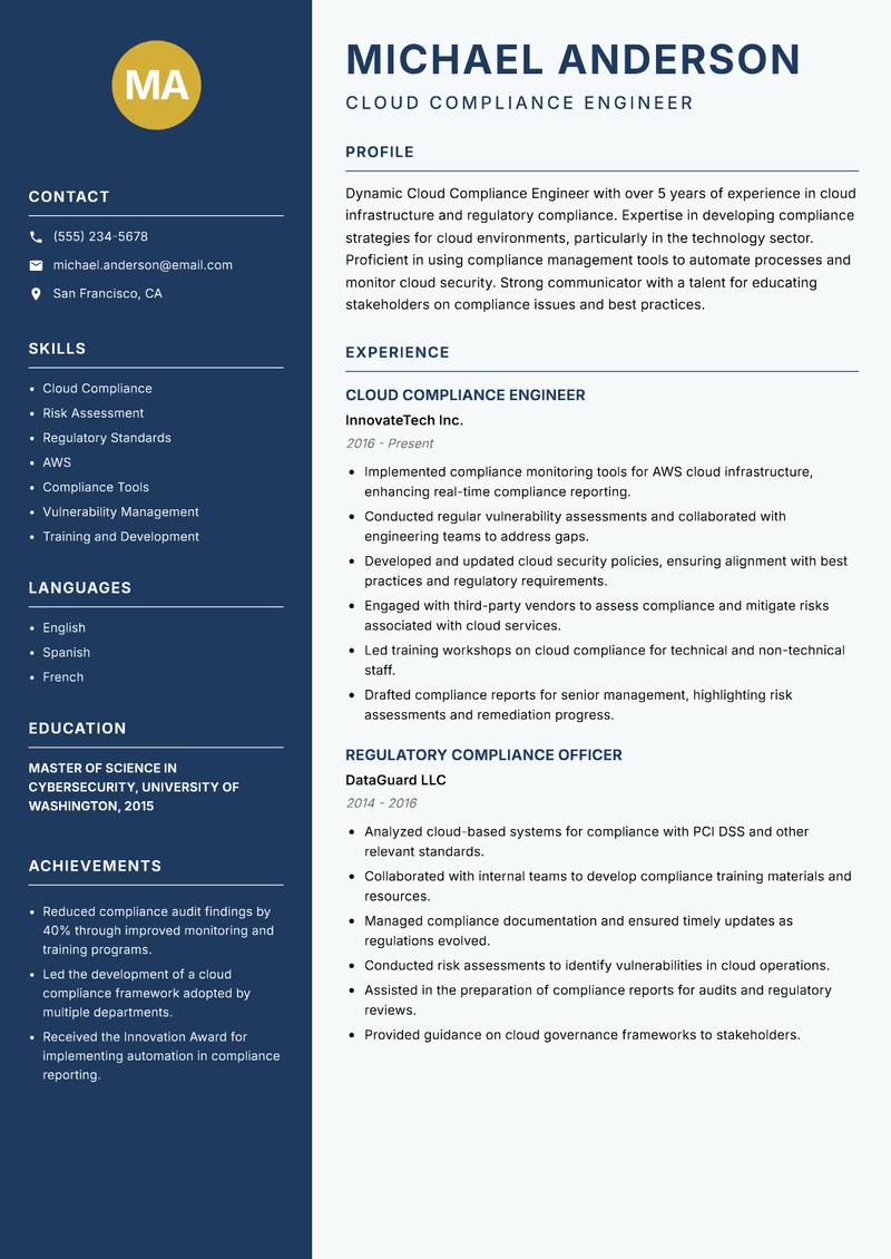 Cloud Compliance Engineer resume sample — Cloud Compliance Engineer focus