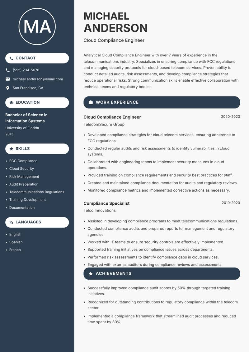 Cloud Compliance Engineer resume sample — Cloud Compliance Engineer focus