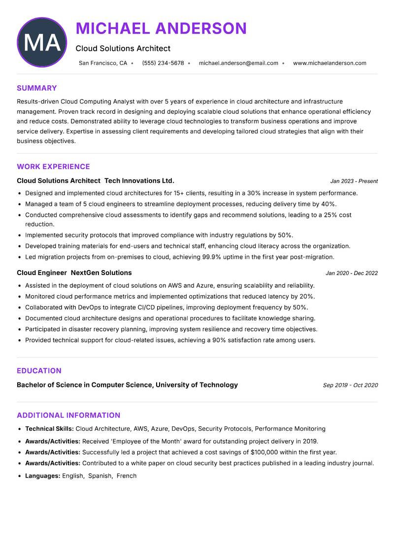 Cloud Computing Analyst resume example