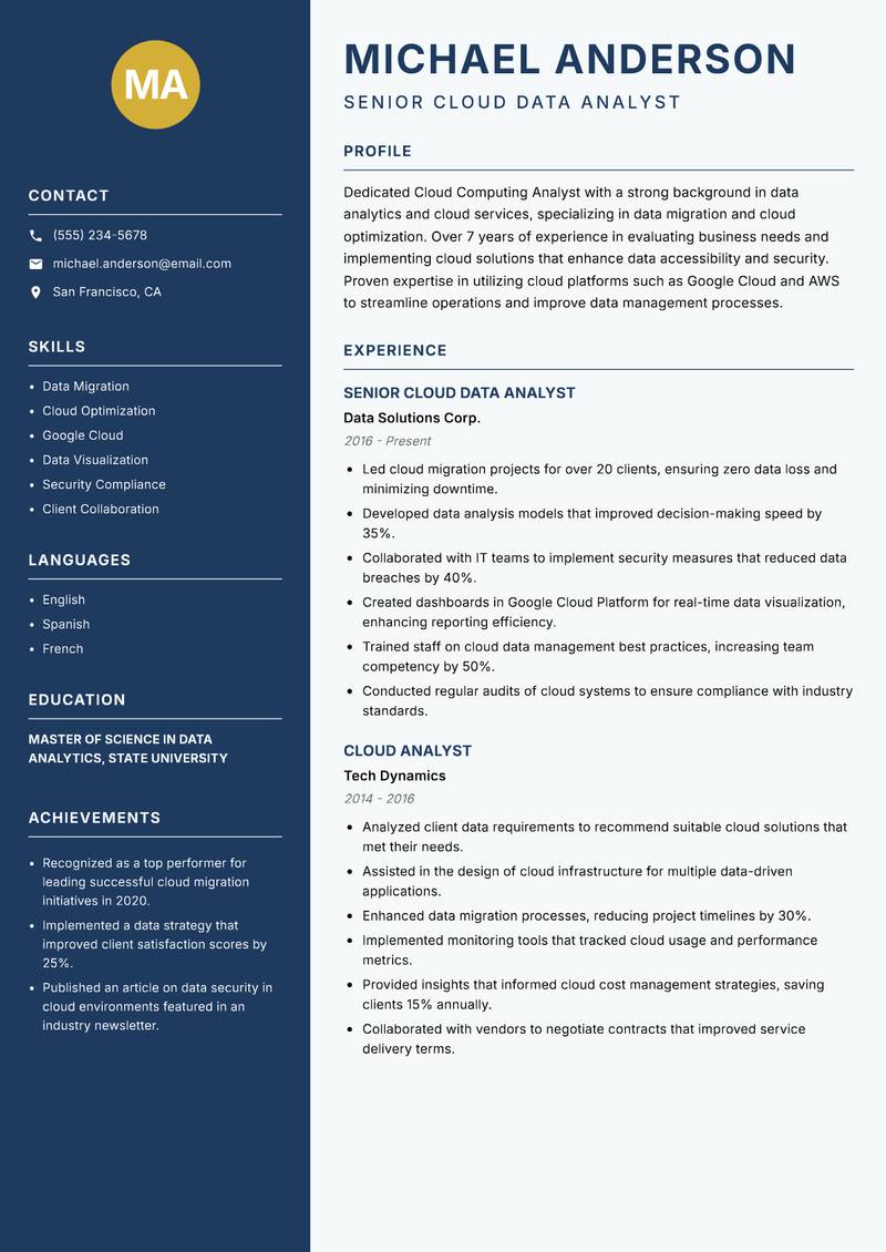 Cloud Computing Analyst resume sample — Senior Cloud Data Analyst focus