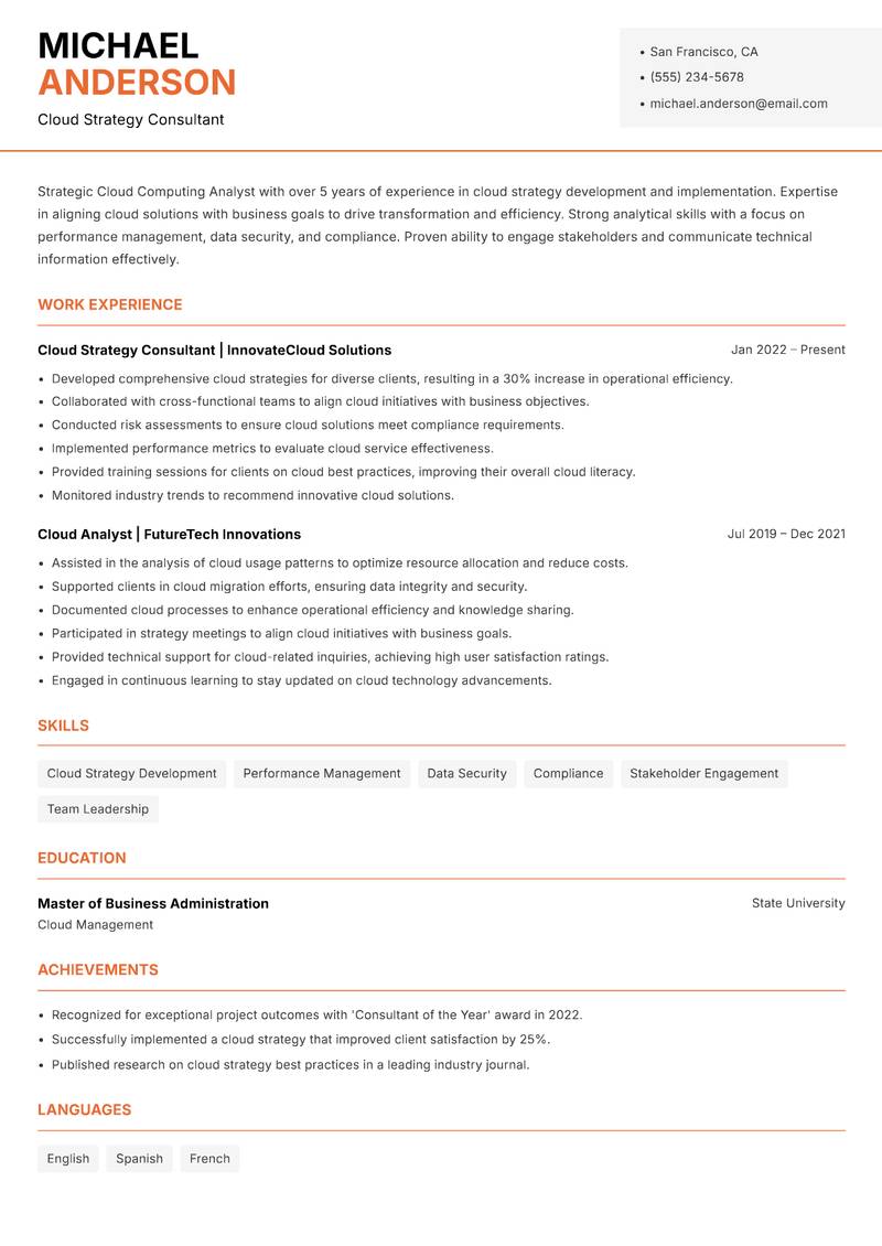Cloud Computing Analyst resume sample — Cloud Strategy Consultant focus