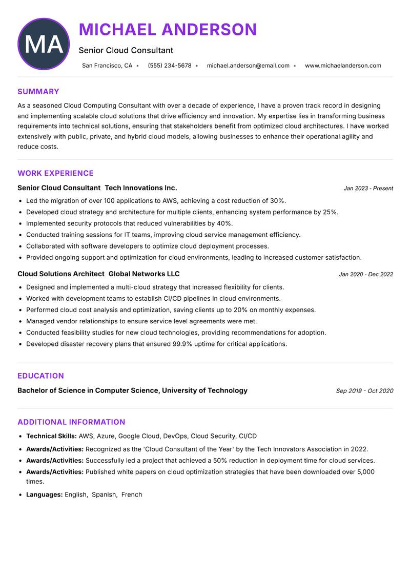 Cloud Computing Consultant resume example