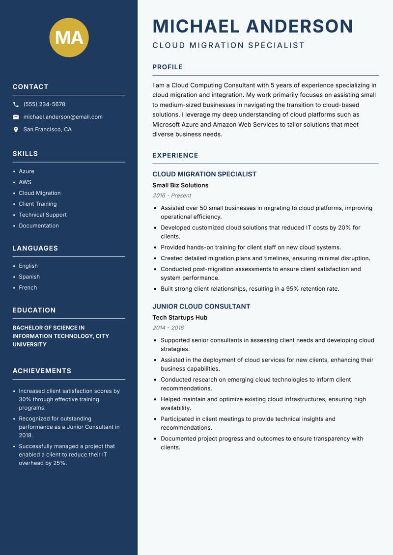 Cloud Computing Consultant resume sample — Cloud Migration Specialist focus