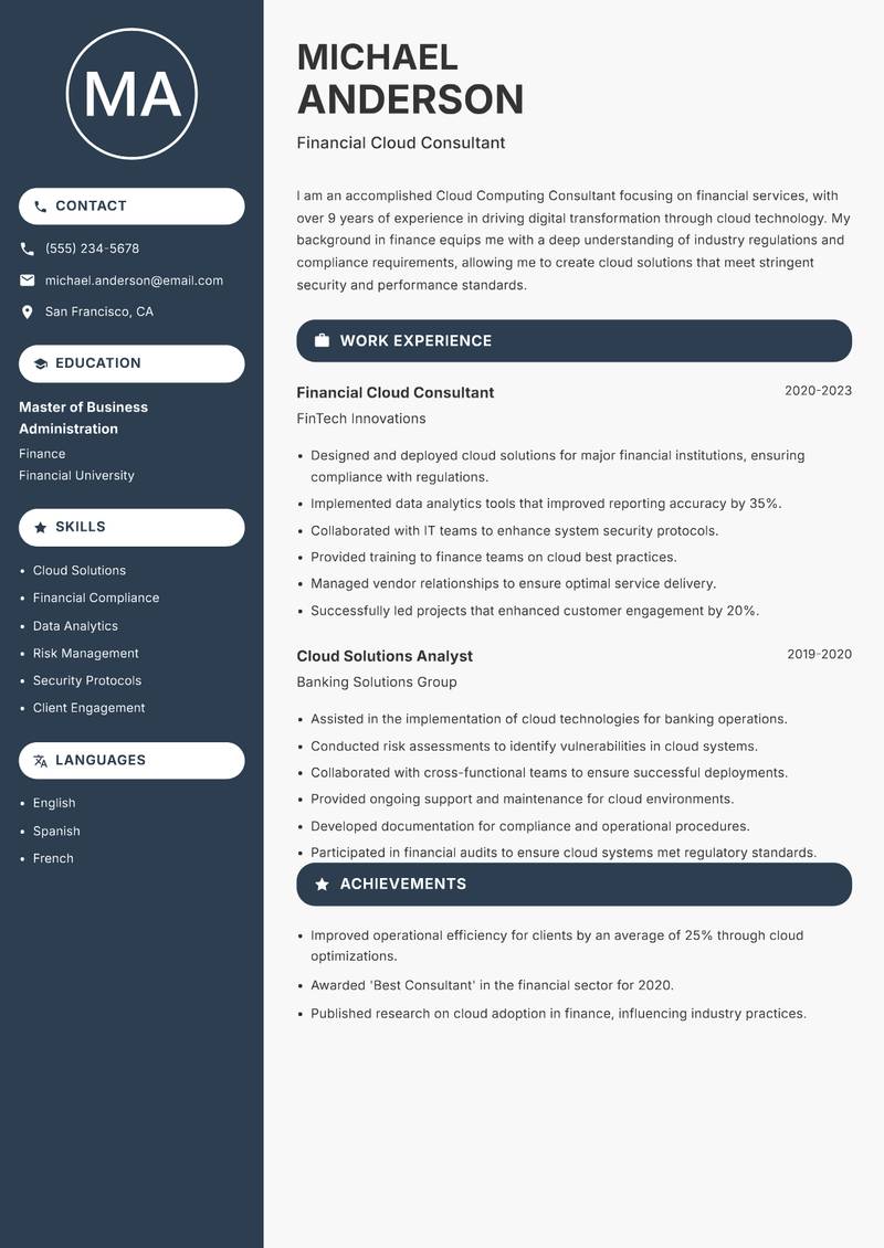 Cloud Computing Consultant resume sample — Financial Cloud Consultant focus