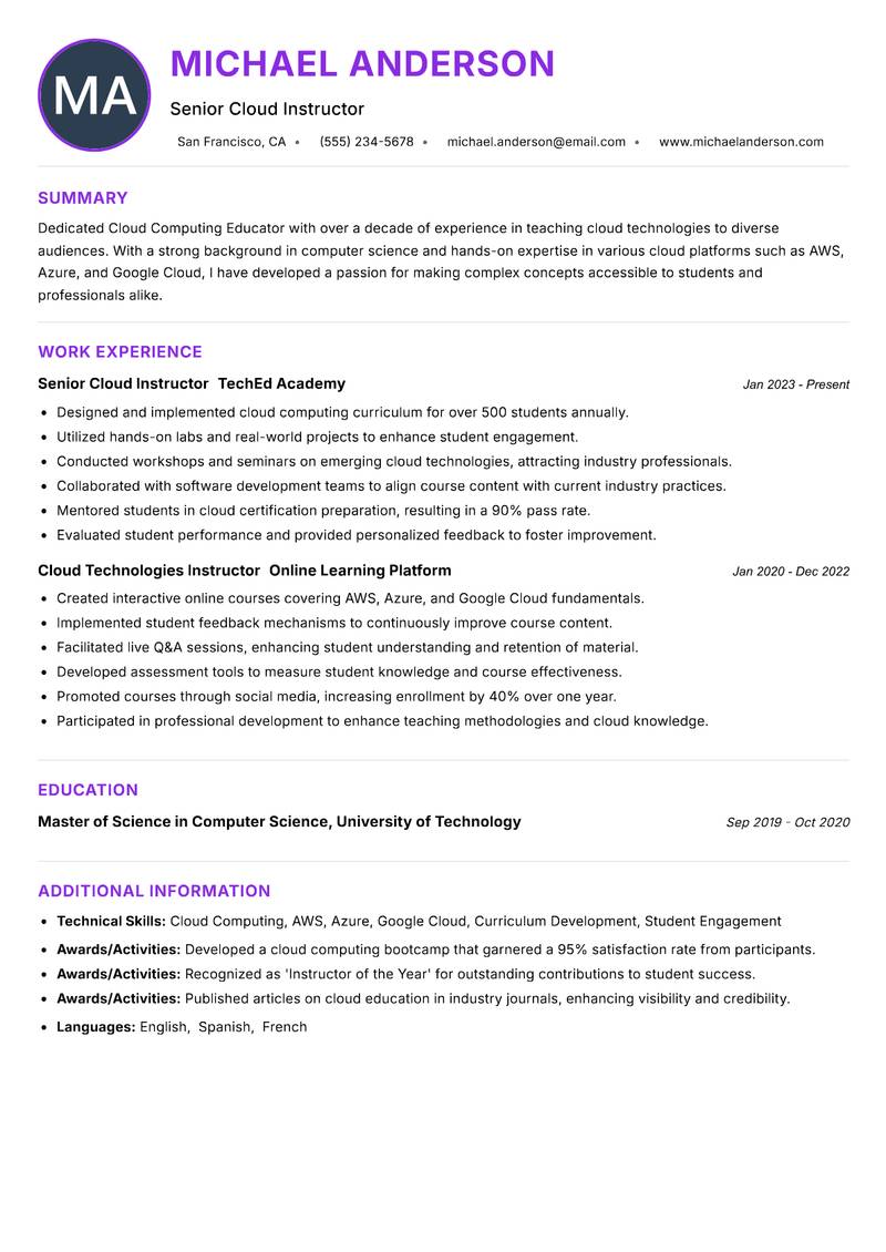 Cloud Computing Educator resume example