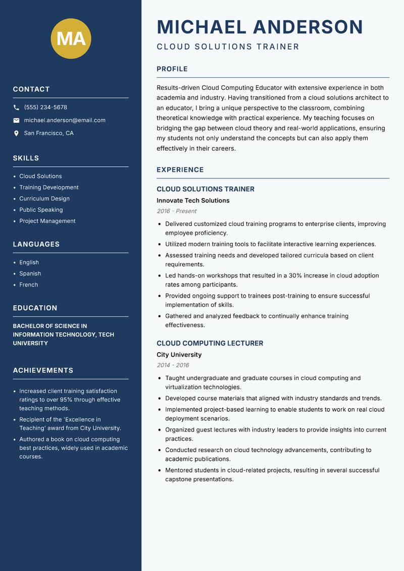 Cloud Computing Educator resume sample — Cloud Solutions Trainer focus