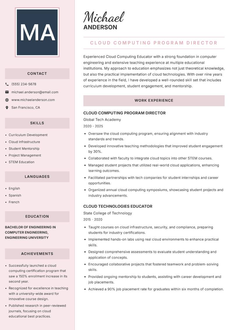Cloud Computing Educator resume sample — Cloud Computing Program Director focus