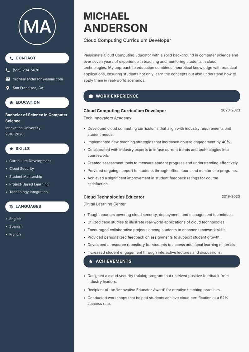 Cloud Computing Educator resume sample — Cloud Computing Curriculum Developer focus