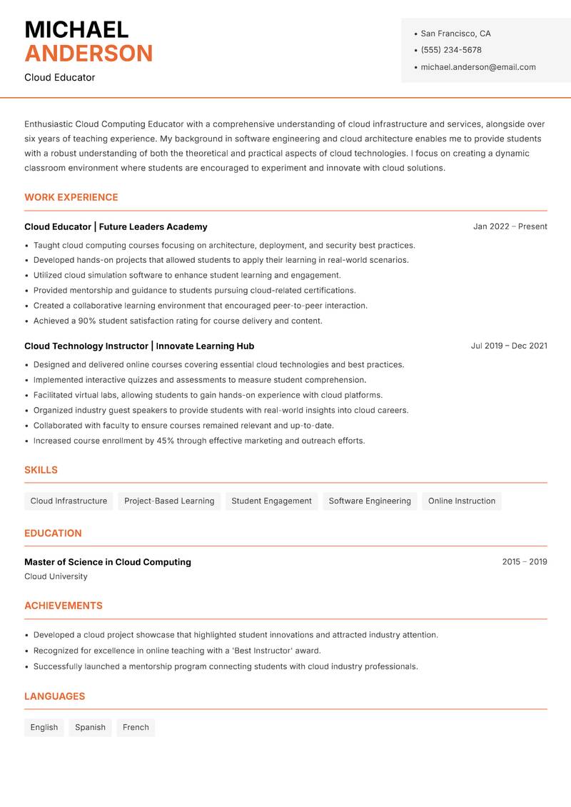 Cloud Computing Educator resume sample — Cloud Educator focus