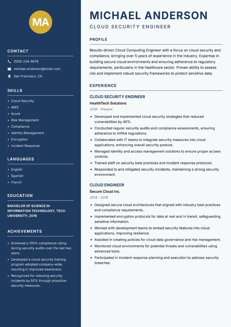 Cloud Computing Engineer resume sample — Cloud Security Engineer focus