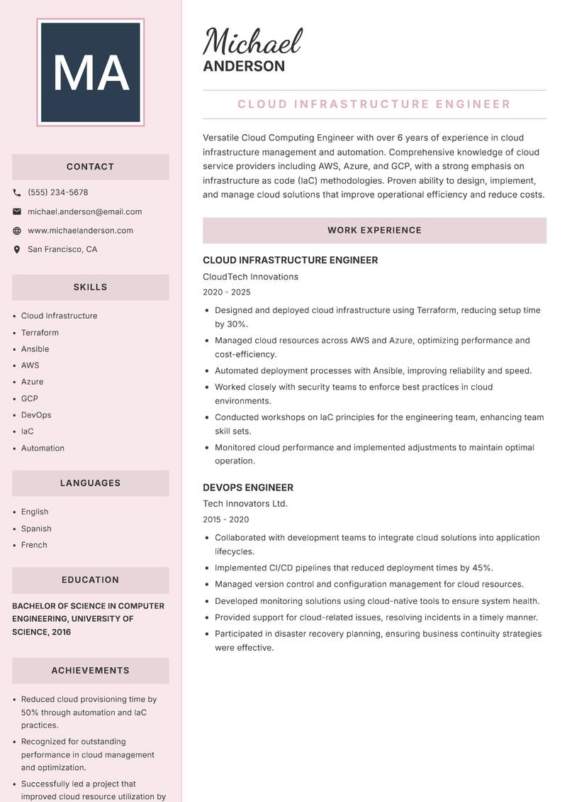 Cloud Computing Engineer resume sample — Cloud Infrastructure Engineer focus
