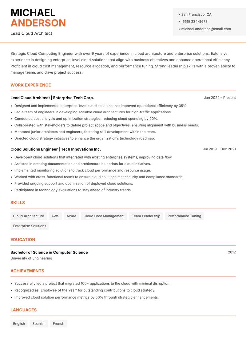 Cloud Computing Engineer resume sample — Lead Cloud Architect focus