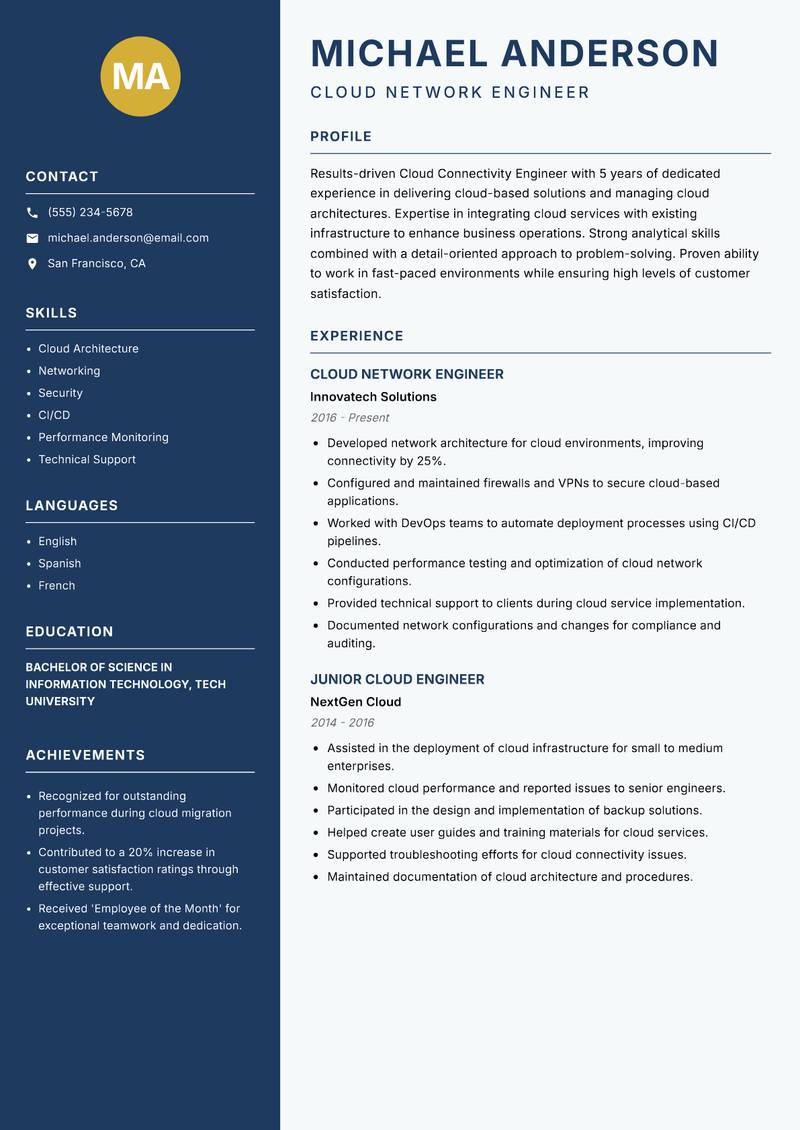 Cloud Connectivity Engineer resume sample — Cloud Network Engineer focus