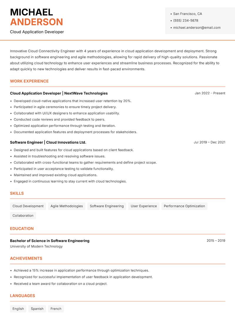 Cloud Connectivity Engineer resume sample — Cloud Application Developer focus