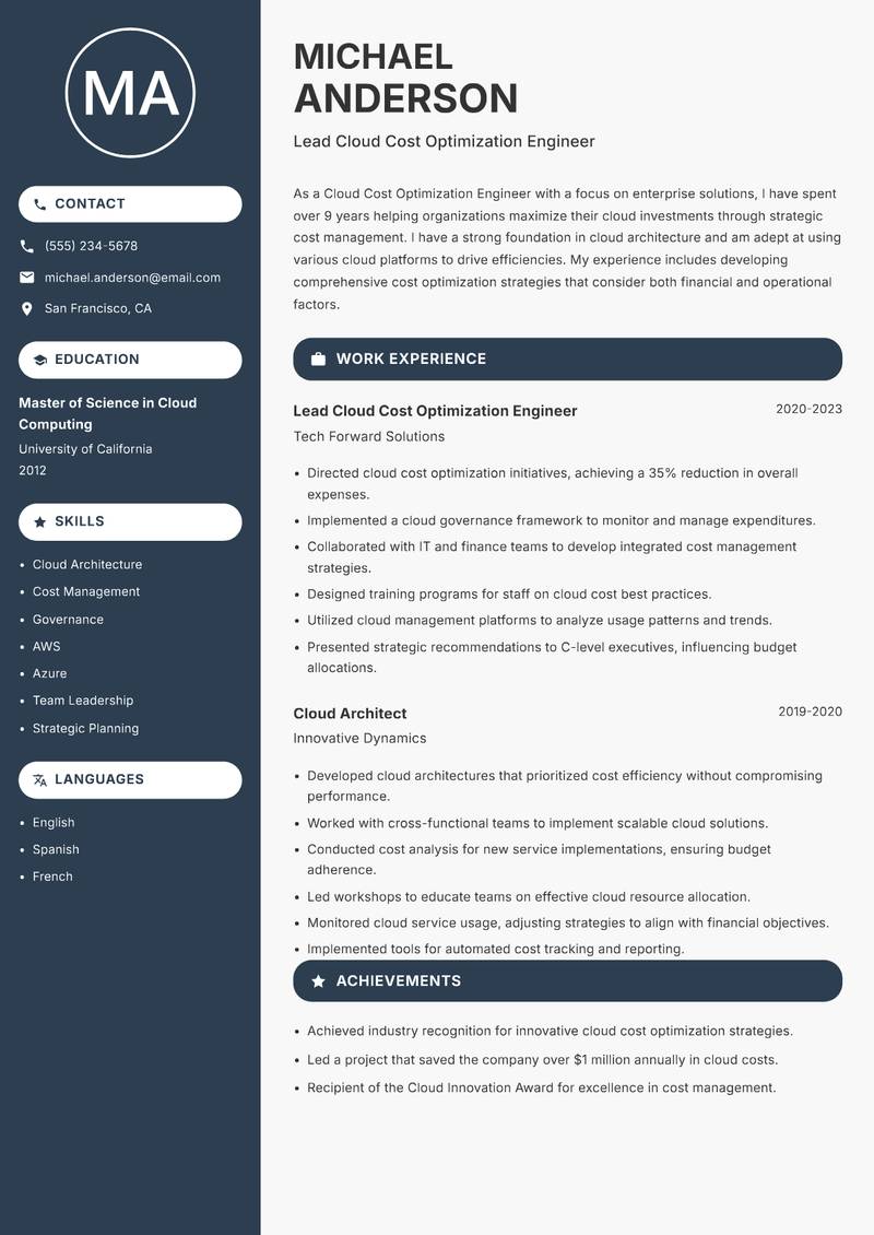 Cloud Cost Optimization Engineer resume sample — Lead Cloud Cost Optimization Engineer focus