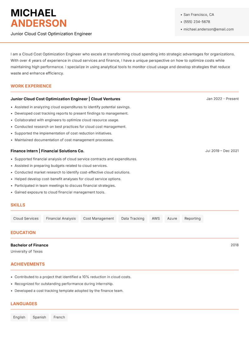Cloud Cost Optimization Engineer resume sample — Junior Cloud Cost Optimization Engineer focus