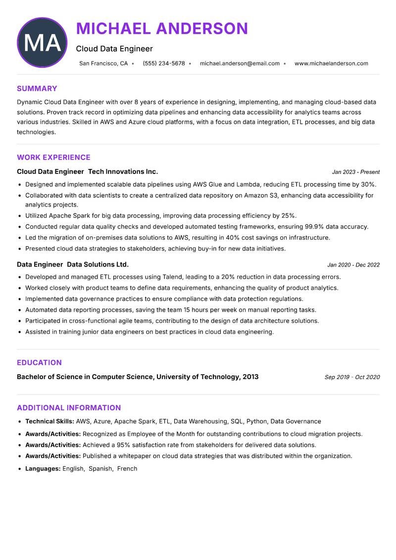Cloud Data Engineer resume example