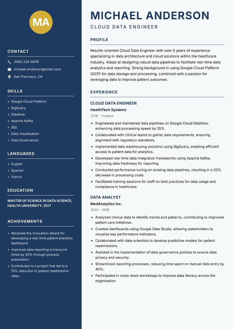 Cloud Data Engineer resume sample — Cloud Data Engineer focus