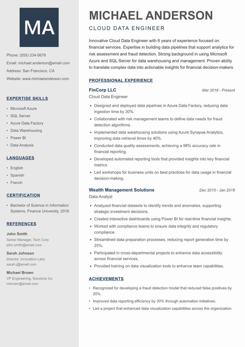 Cloud Data Engineer resume sample — Cloud Data Engineer focus