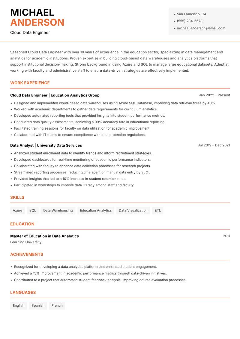 Cloud Data Engineer resume sample — Cloud Data Engineer focus