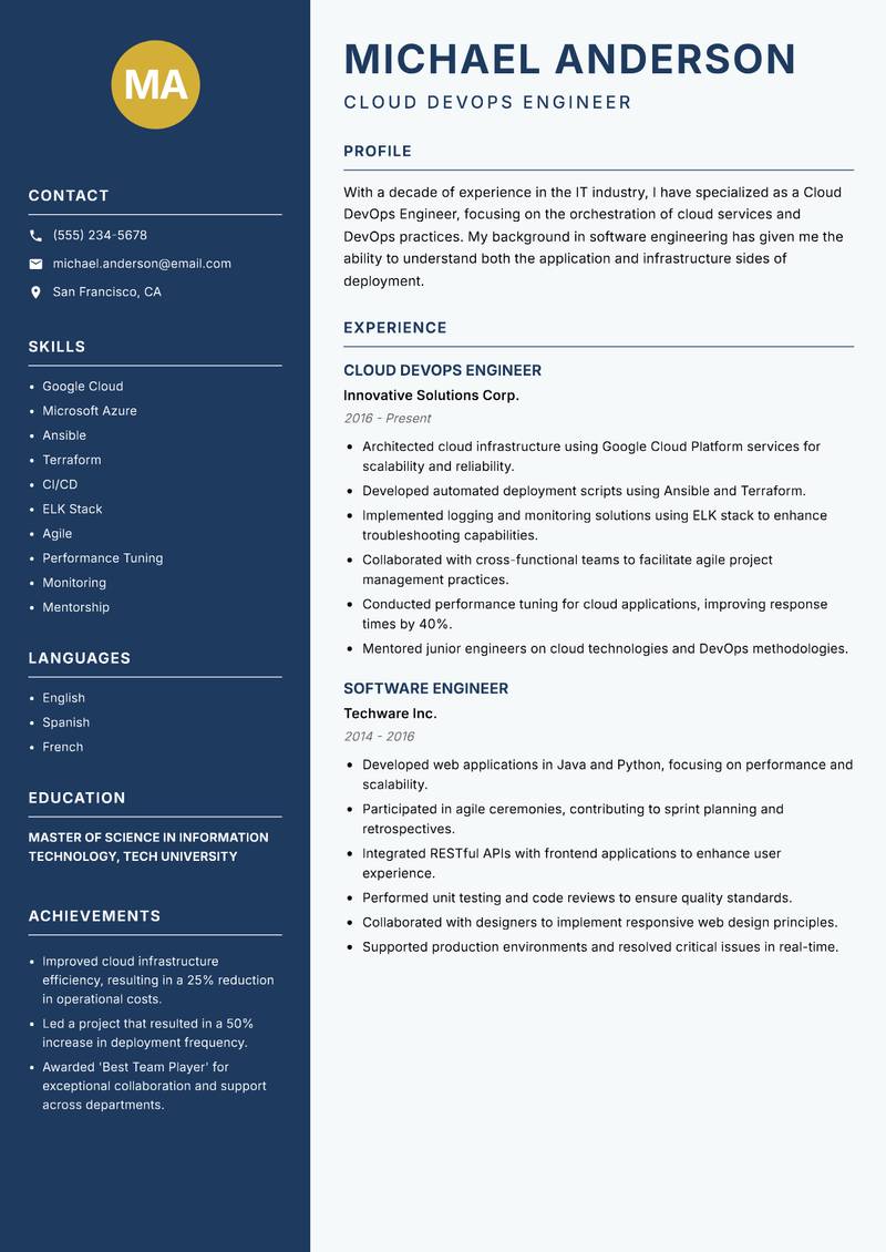 Cloud DevOps Engineer resume sample — Cloud DevOps Engineer focus