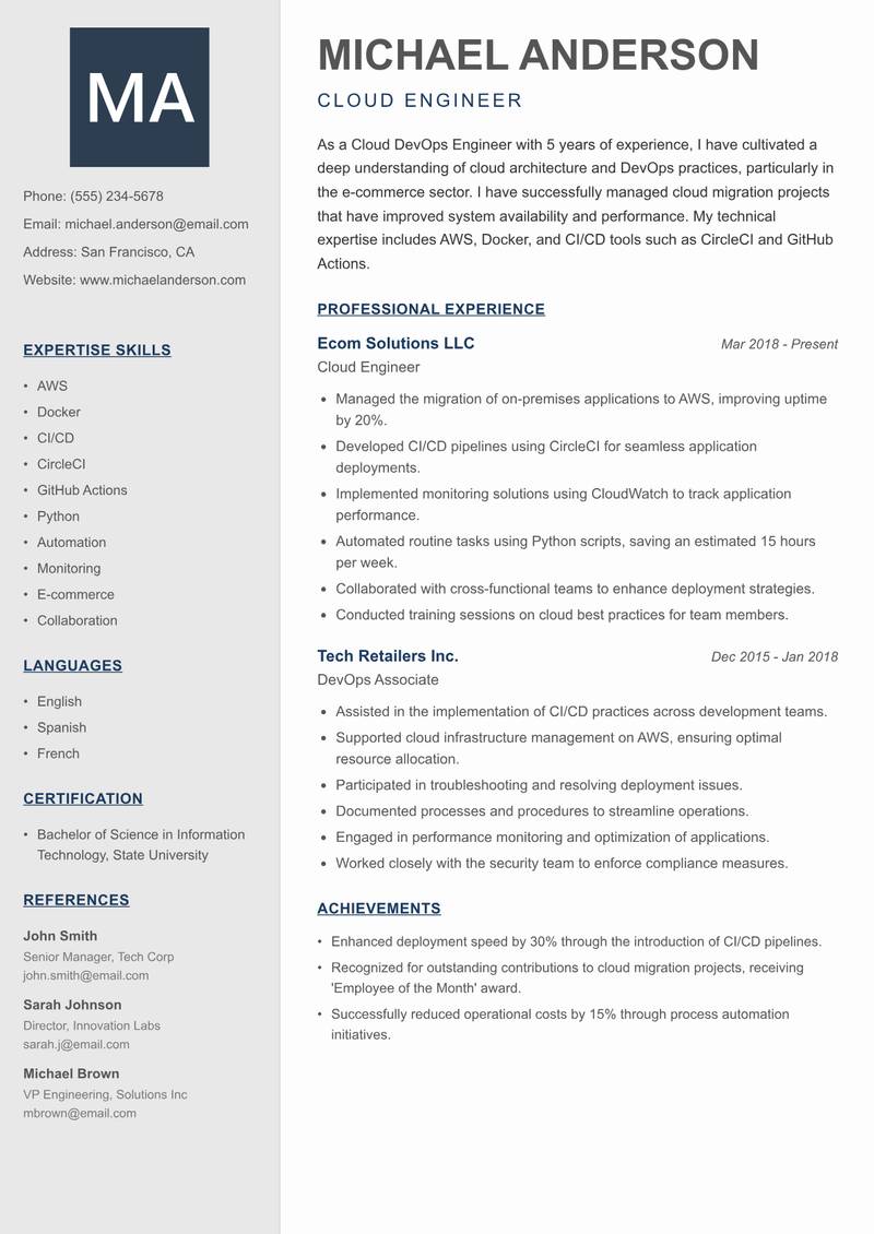 Cloud DevOps Engineer resume sample — Cloud Engineer focus