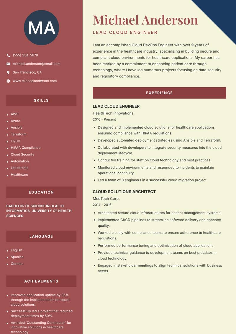 Cloud DevOps Engineer resume sample — Lead Cloud Engineer focus