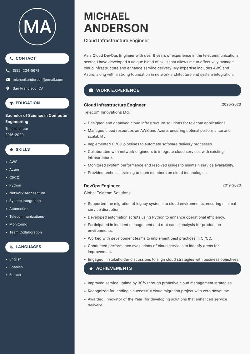 Cloud DevOps Engineer resume sample — Cloud Infrastructure Engineer focus