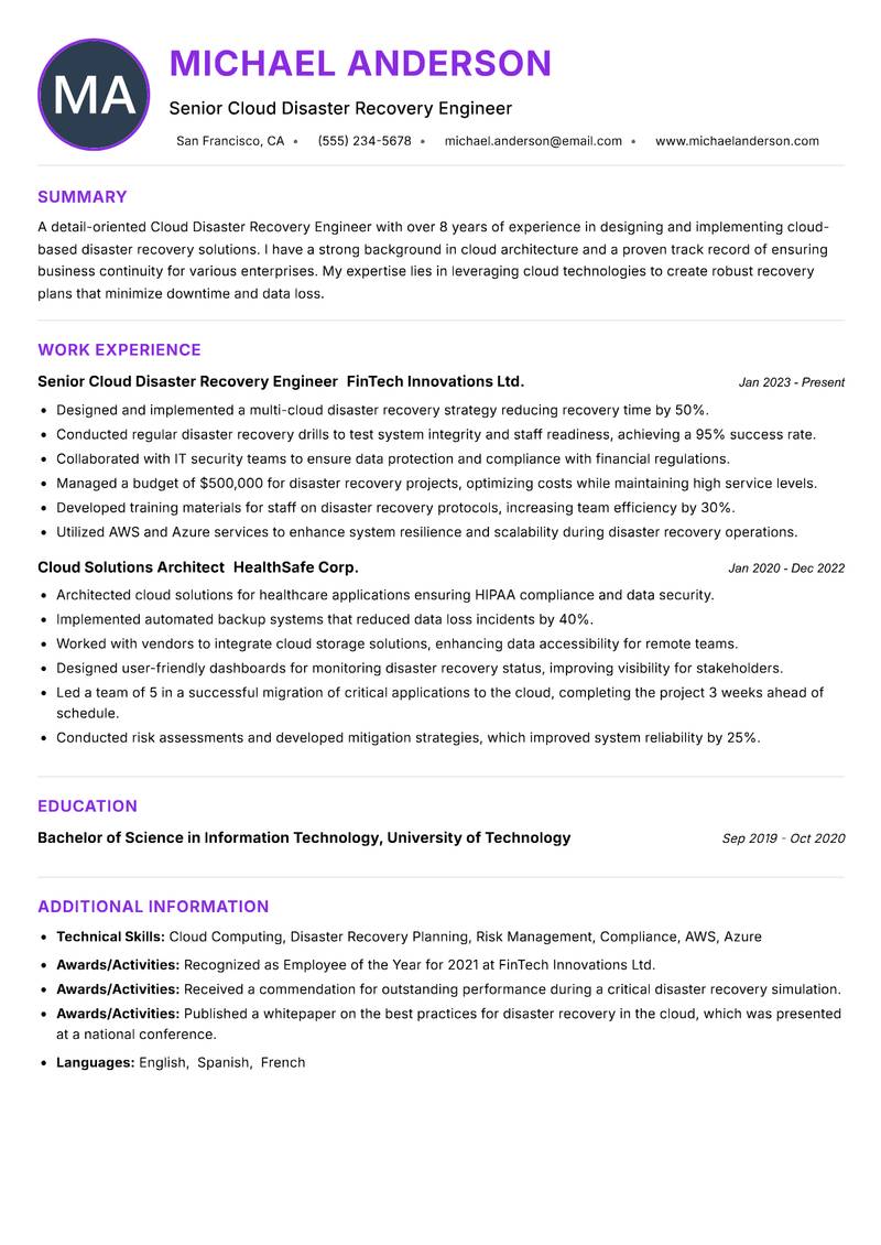 Cloud Disaster Recovery Engineer resume example