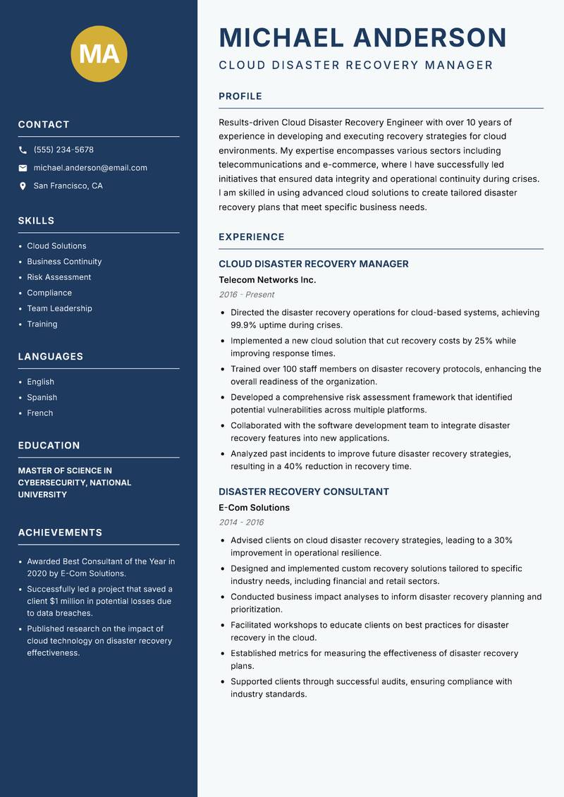 Cloud Disaster Recovery Engineer resume sample — Cloud Disaster Recovery Manager focus