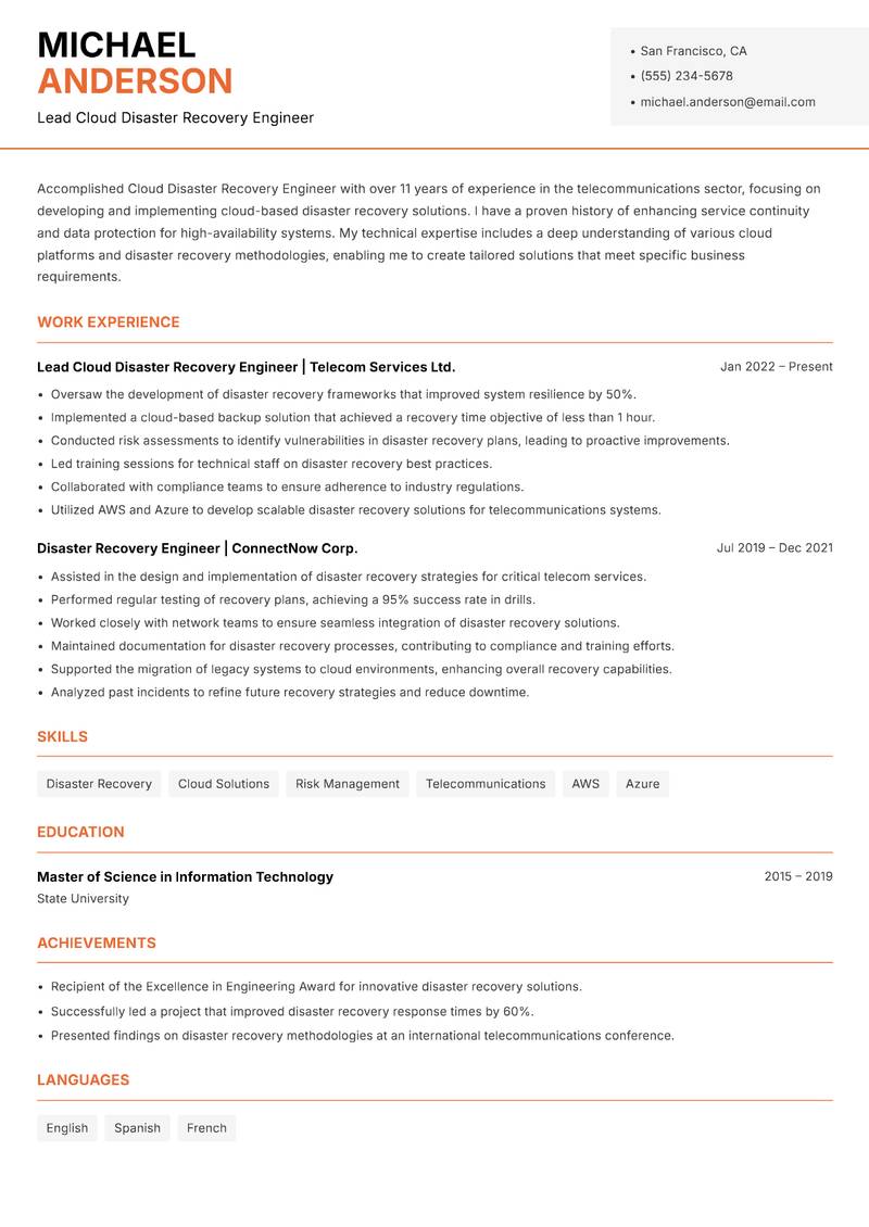 Cloud Disaster Recovery Engineer resume sample — Lead Cloud Disaster Recovery Engineer focus
