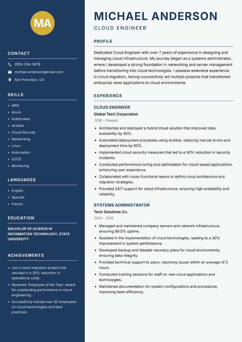 Cloud Engineer resume sample — Cloud Engineer focus