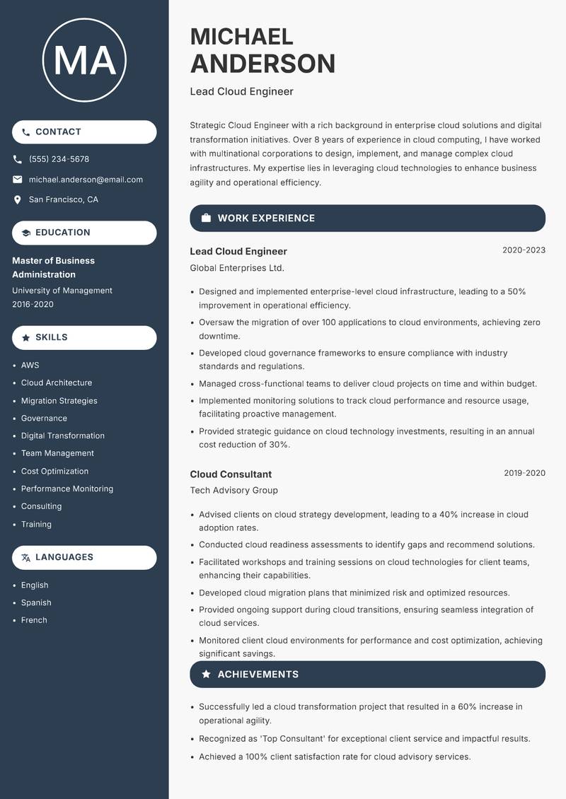 Cloud Engineer resume sample — Lead Cloud Engineer focus