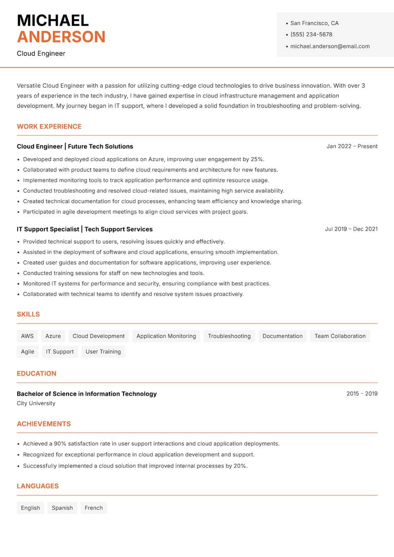 Cloud Engineer resume sample — Cloud Engineer focus