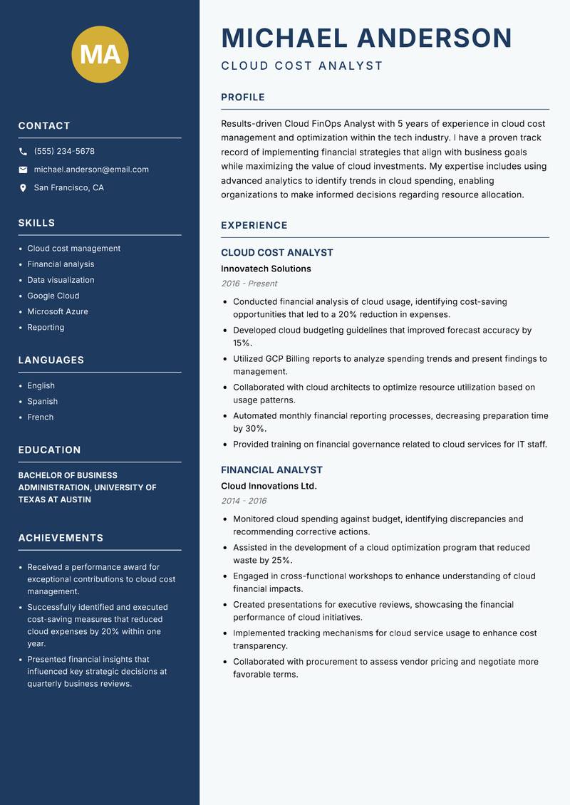 Cloud FinOps Analyst resume sample — Cloud Cost Analyst focus