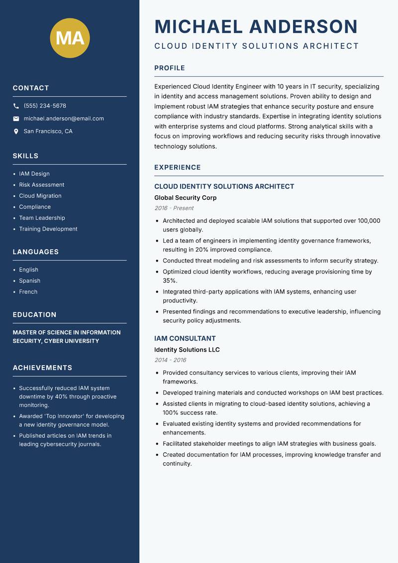 Cloud Identity Engineer resume sample — Cloud Identity Solutions Architect focus