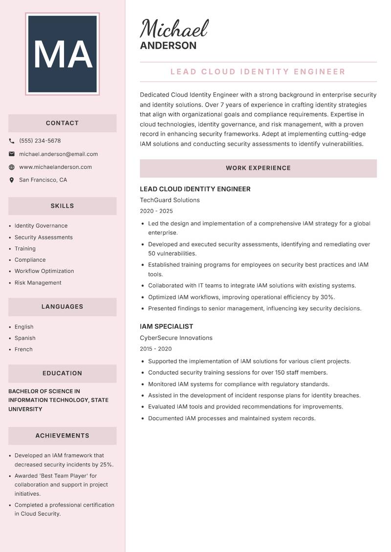 Cloud Identity Engineer resume sample — Lead Cloud Identity Engineer focus