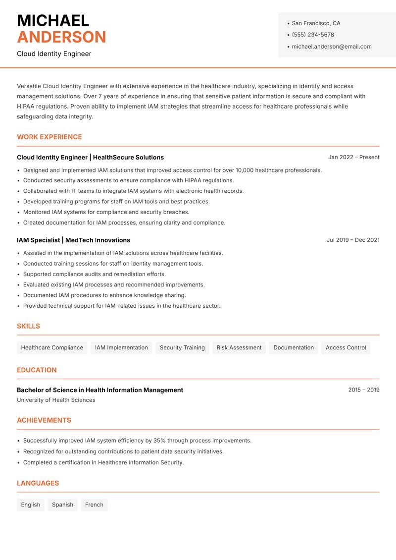 Cloud Identity Engineer resume sample — Cloud Identity Engineer focus