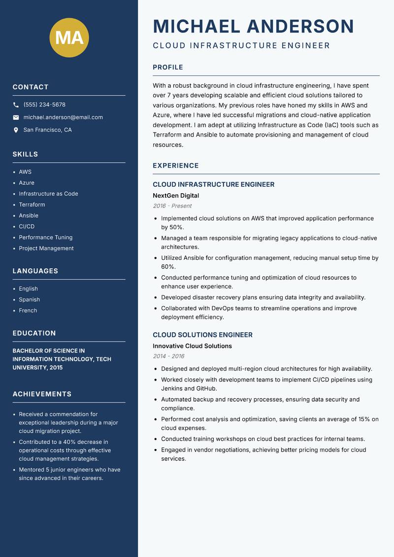 Cloud Infrastructure Engineer resume sample — Cloud Infrastructure Engineer focus