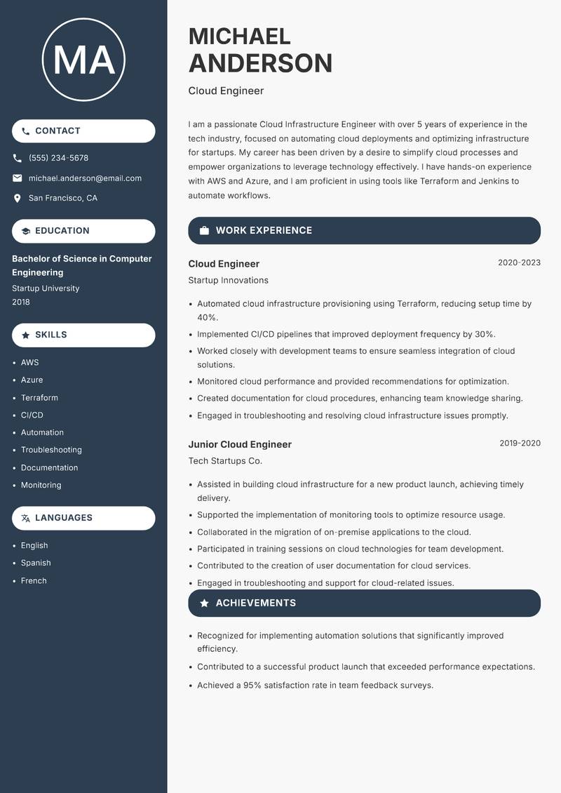 Cloud Infrastructure Engineer resume sample — Cloud Engineer focus