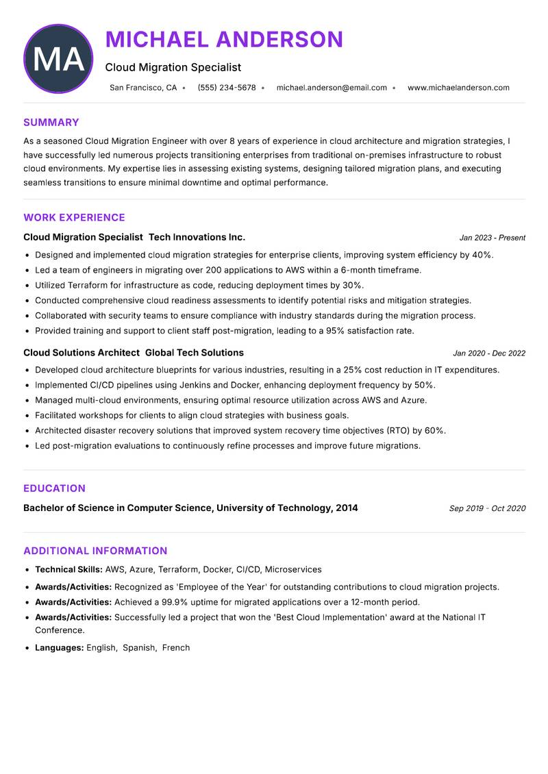 Cloud Migration Engineer resume example
