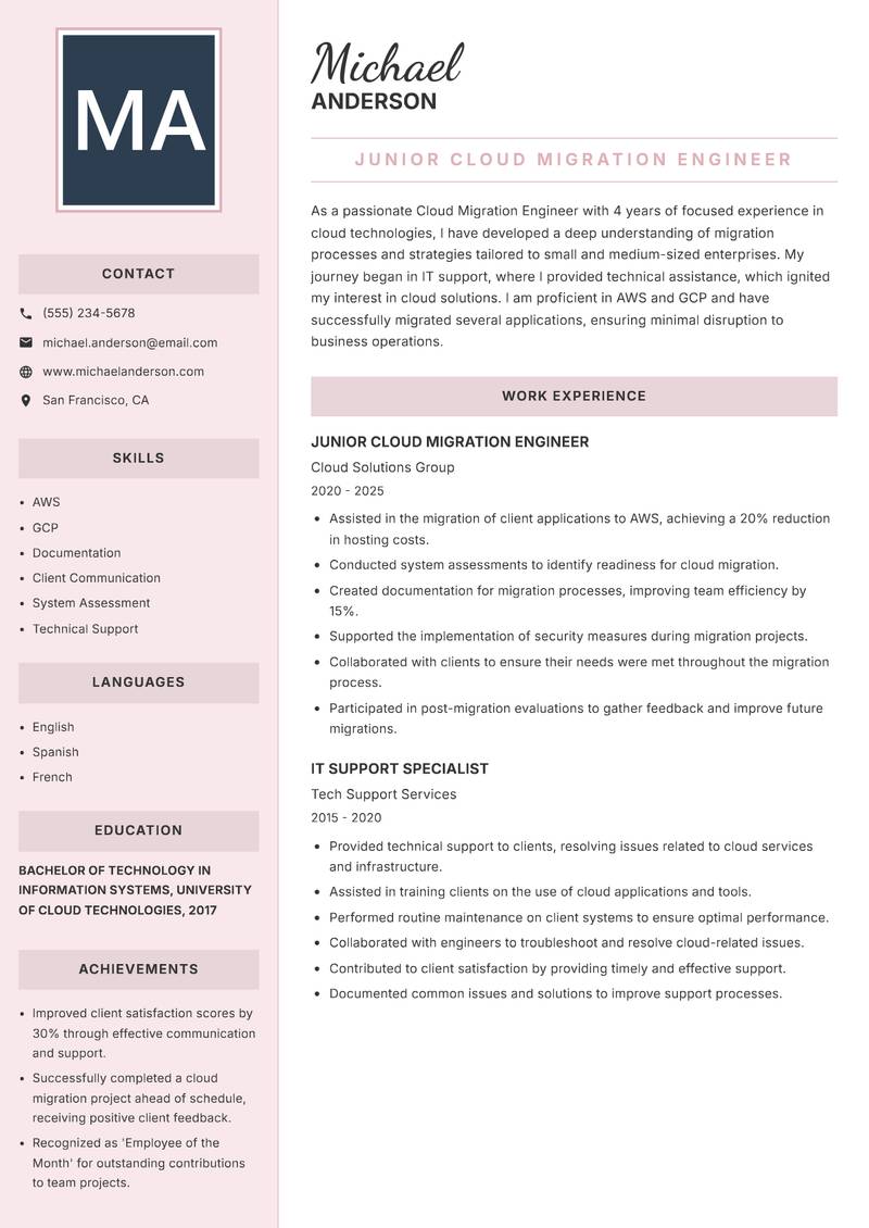 Cloud Migration Engineer resume sample — Junior Cloud Migration Engineer focus