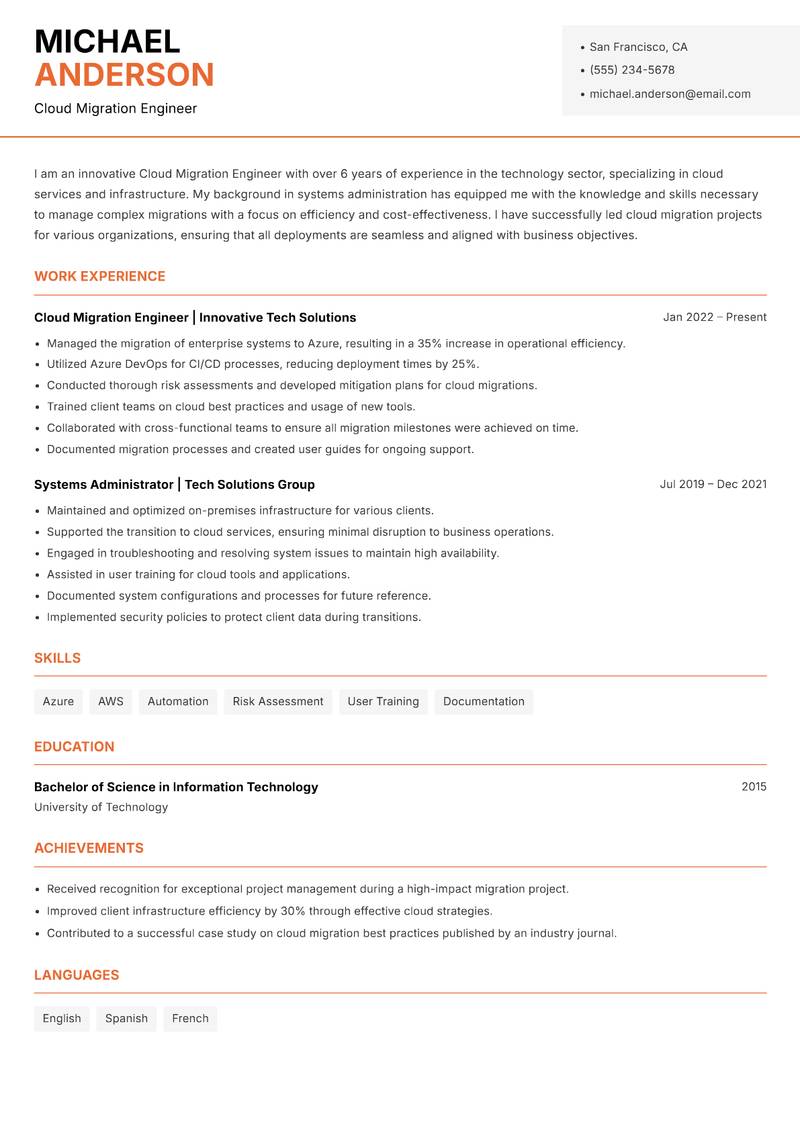 Cloud Migration Engineer resume sample — Cloud Migration Engineer focus