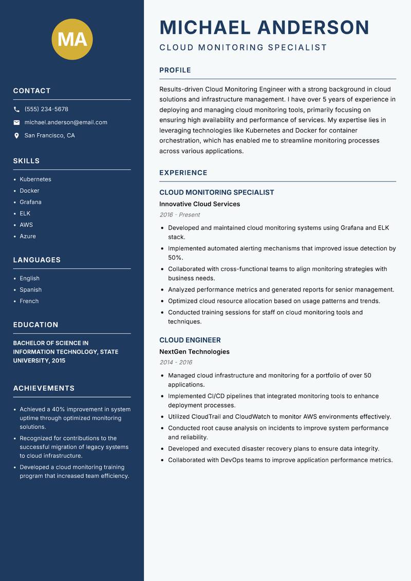 Cloud Monitoring Engineer resume sample — Cloud Monitoring Specialist focus