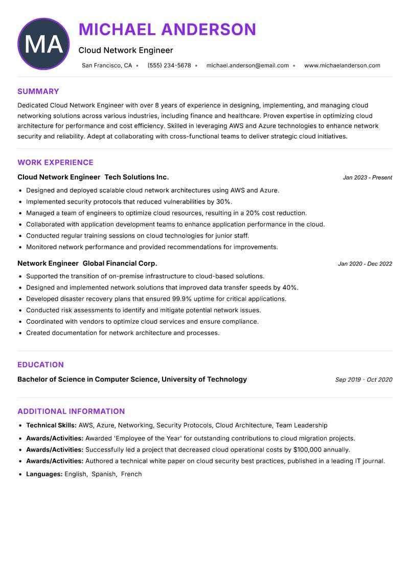 Cloud Network Engineer resume example