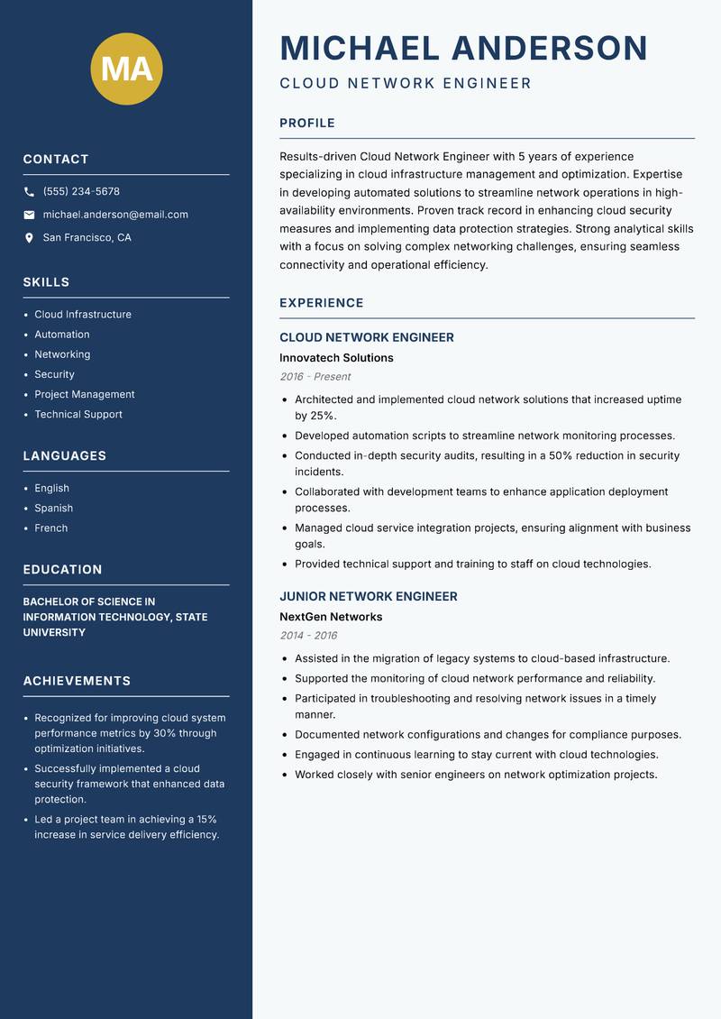 Cloud Network Engineer resume sample — Cloud Network Engineer focus