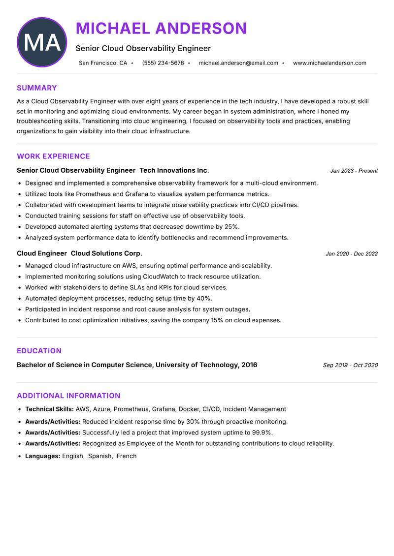 Cloud Observability Engineer resume example