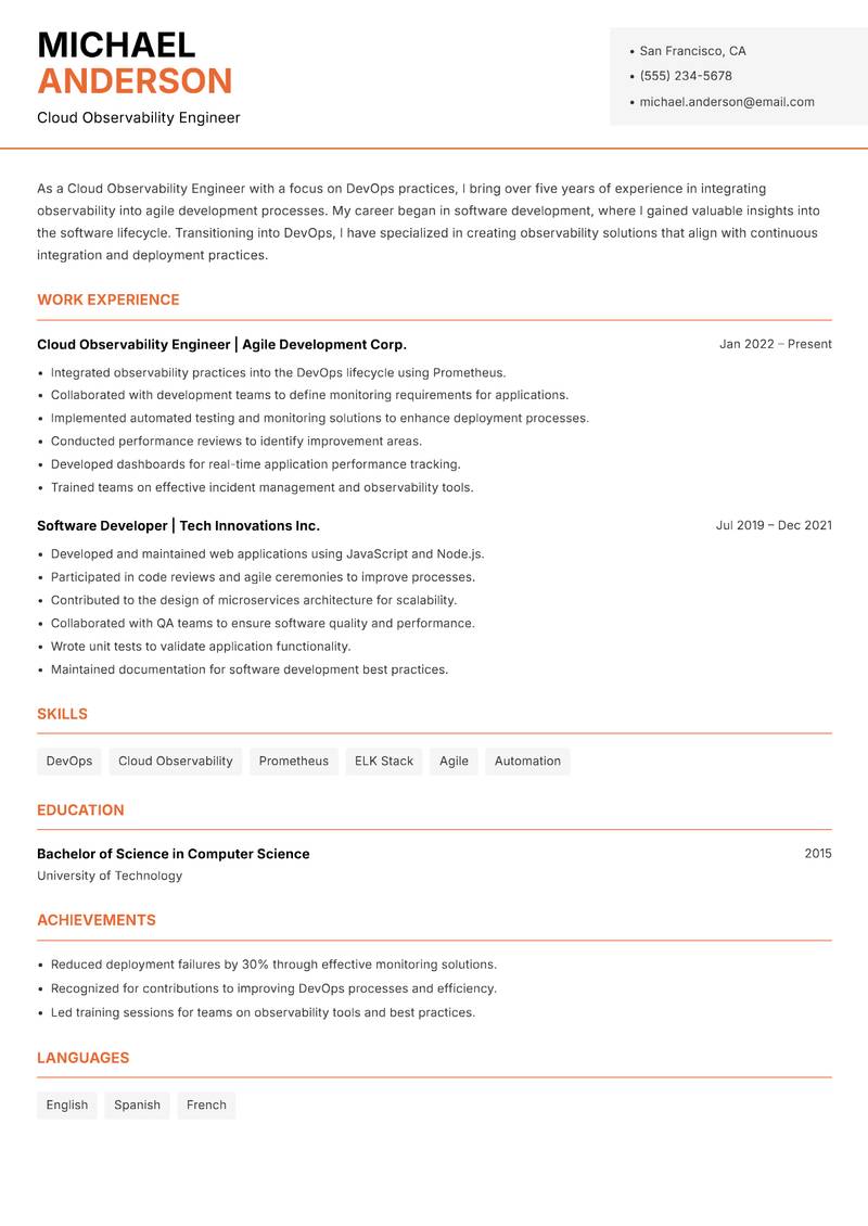 Cloud Observability Engineer resume sample — Cloud Observability Engineer focus